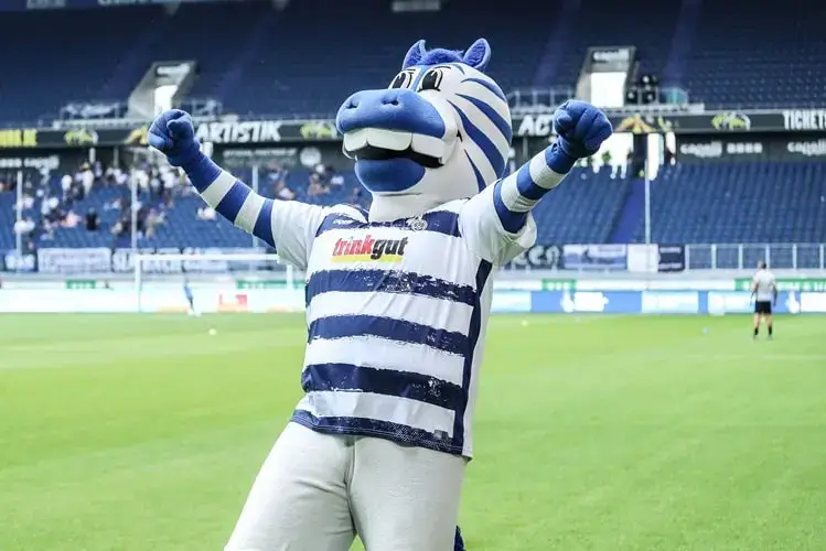 Ein Maskottchen, das als blau-weiß gestreiftes Zebra verkleidet ist, steht auf einem Fußballfeld und streckt beide Arme zum Jubeln in die Höhe.