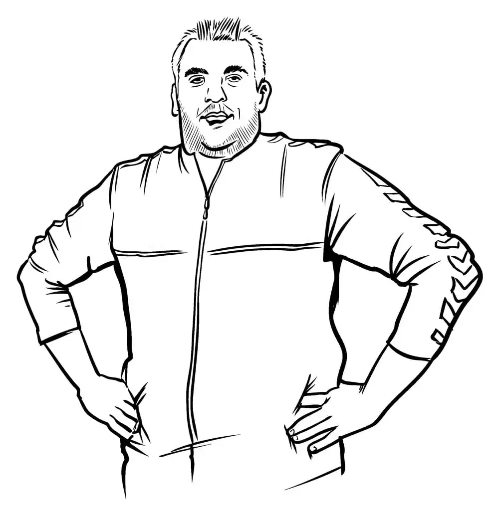 Kontakt Schwarz-weißes Comicbild eines Mannes mit kurzen Haaren in Trainingsjacke